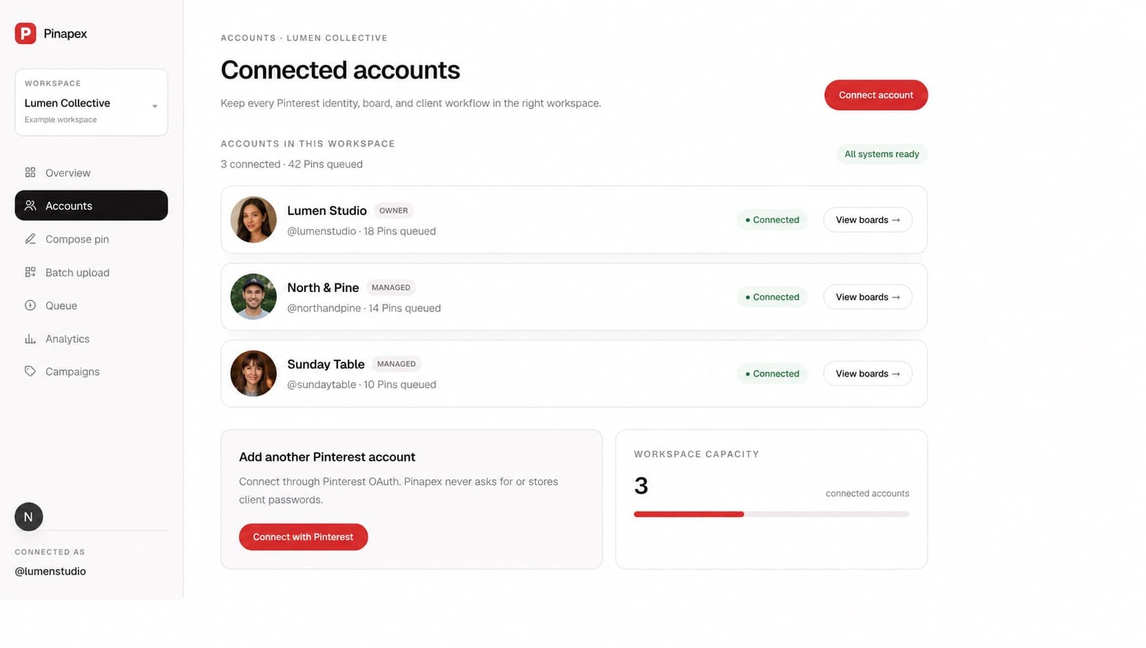 Pinapex connected accounts workspace showing three managed Pinterest accounts