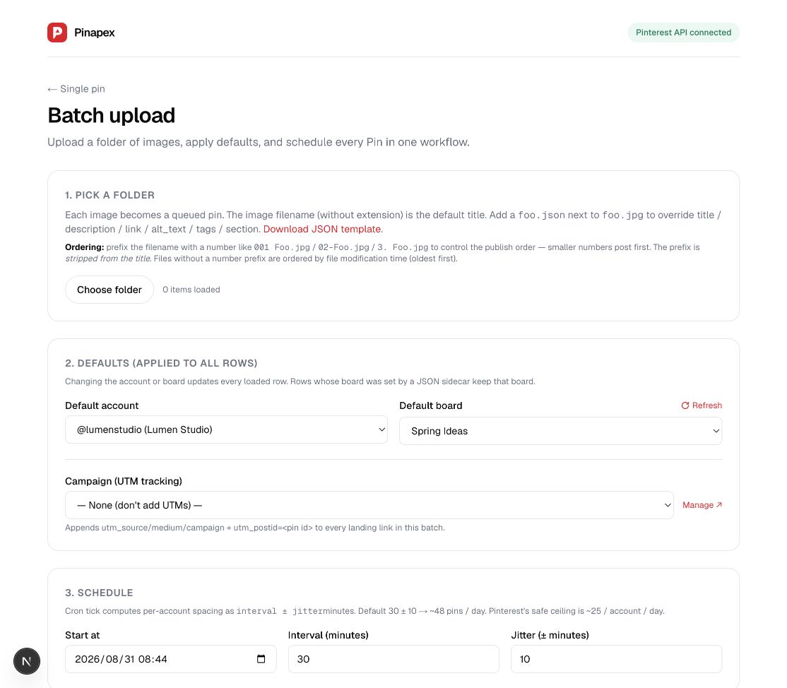 Pinapex batch upload workspace with account, board, campaign, and scheduling controls